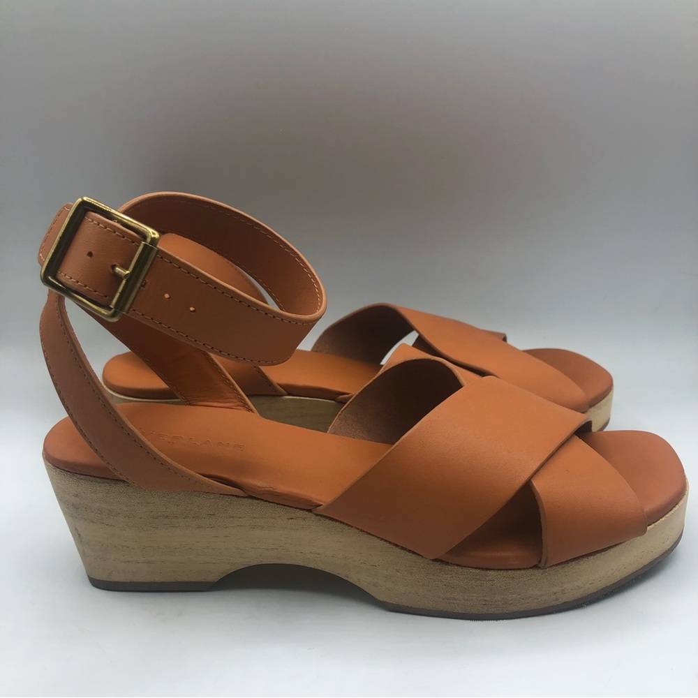 Everlane Cognac Leather Cross-Strap Platform Sandals with Buckle